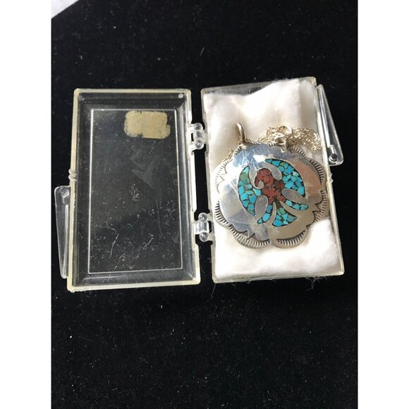 Vtg 1960's Peyote Bird Pendant Inlaid Chipped Turquoise & Coral Stamped Sterling - Picture 8 of 10